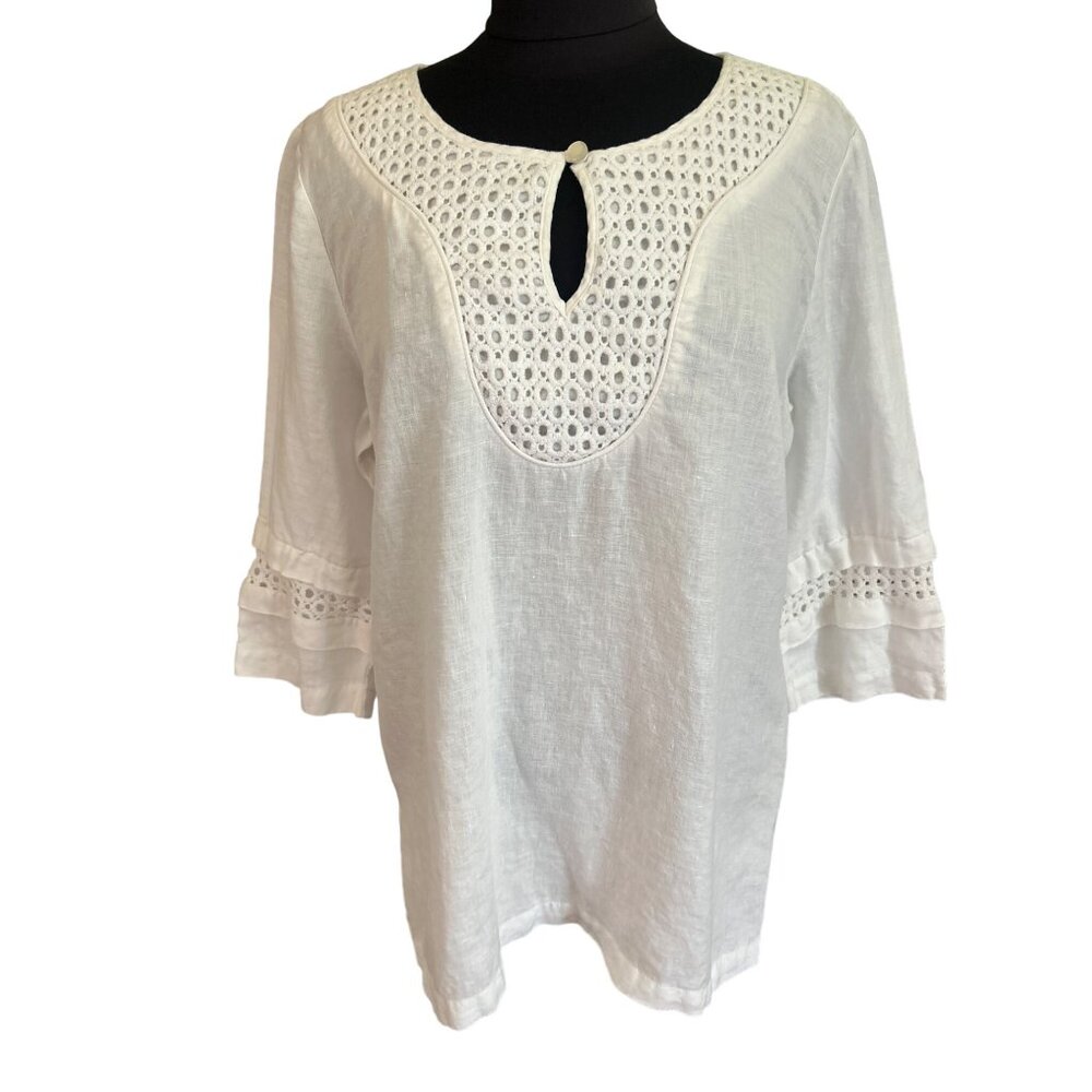Dana Buchman White Linen Blouse 3 4 Sleeve Crochet Trim Keyhole Neckline, Large